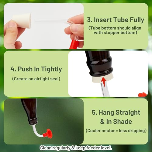 3-Pack Floral Hummingbird Feeder Replacement Parts – DIY Bottom Replacement Feeding Tubes with Red Flower Tip & Tapered Stopper – Fits Most Outdoor Glass Bird Feeders