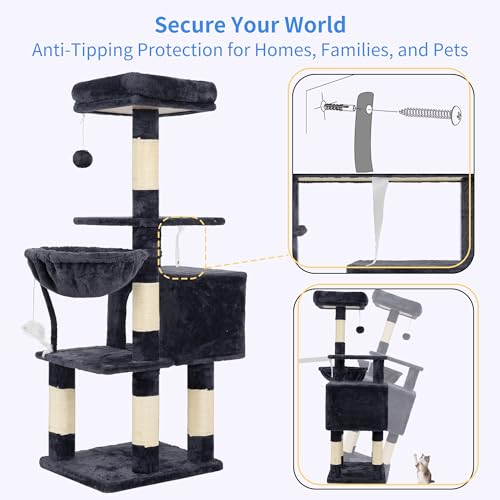 Heybly Cat Tree with Toy, Cat Tower Condo for Indoor Cats, Cat House with Padded Plush Perch, Cozy Hammock and Sisal Scratching Posts, Smoky Gray HCT004SG