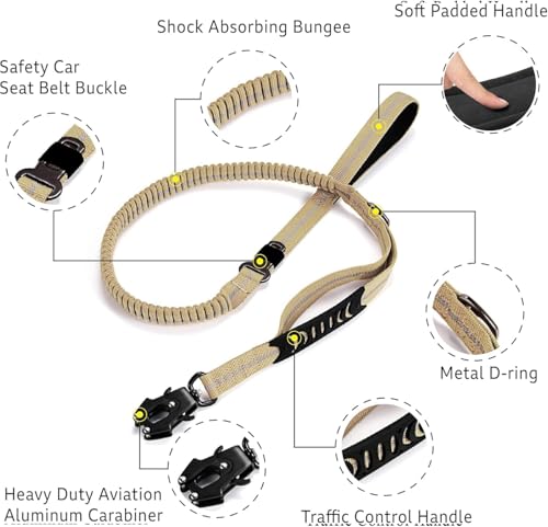 Heavy Duty Tactical Dog Leash, 4-6FT Shock Absorbing Tactical Leash with 2 Padded Handles, Metal Carabiner Clip,Car Seatbelt, Reflective Heavy Duty