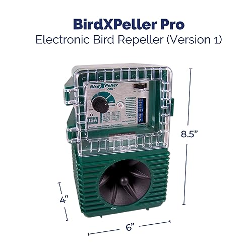 Bird-X BirdXPeller Pro Electronic Bird Preventer Version 1, Sonic Bird Decoy Device, Perfect for Pigeons, Starlings, Sparrows, and Gulls, Covers up to 1 Acre, 3-5 kHz Frequency