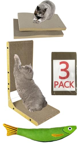 3-Pack WRBTA Cardboard cat Scratcher,L Shape Cat Scratch Pad Wall Mounted, Cat Scratching Cardboard with Ball Toy for Indoor, Cardboard Cat Scratcher with Double-Sided Usability.cat Scratching Post