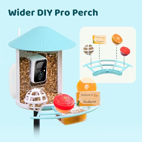 NETVUE by Birdfy Pro Perch - Wider Extension Perch to DIY Add-ons Including Suet Ball, Mini Hummingbird Feeder, Fruit Holder, Jelly Feeder and Welcome Card, Ideal for Bird Lover (Blue)
