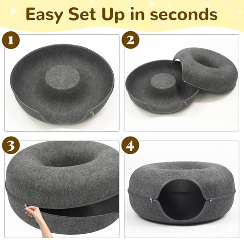 Cat Caves for Indoor Cats, Large Cat Tunnel for Multiple & Large Cats, Scratch Detachable Peekaboo Cat Cave Bed, Kitten Donut Kitty Hideaway Up to 45 Lbs