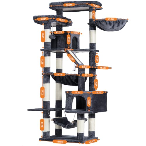 Heybly Cat Tree, 71-Inch-Tall Tower for Indoor Cats with 2 Perches, 2 Big Condos, 2 Hammocks, Basket, Scratching Pad, Large Cat Furniture and Condo, Smoky Gray HCT034G