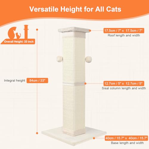 Cat Scratching Post 33 Inch Nature Sisal Cat Scratch Post for Indoor Cats, Large Cat Scratcher Protect Your Furniture, for All Breeds