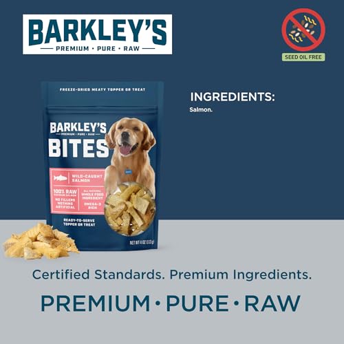 Barkley’s Bag Salmon Bites, Freeze Dried Dog Treats and Food Topper, Made with Wild-Caught Salmon, Bite-Sized Whole Pieces for Training Rewards, for
