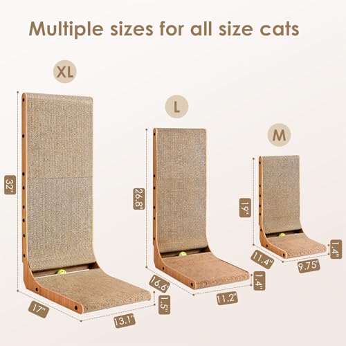 EHEYCIGA Cardboard Cat Scratcher for Indoor Cats, 32 Inch L Shaped Vertical Cat Scratching Board with Ball Cat Toy, Extra Large Cat Scratcher Pad, Brown