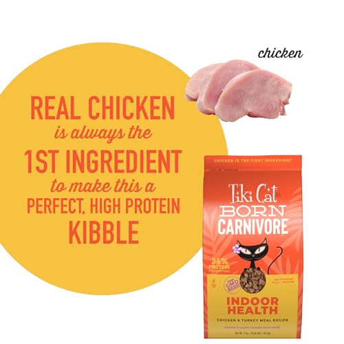 Tiki Cat Born Carnivore High Protein, Indoor Health, Chicken and Turkey Meal Recipe, Grain-Free Baked Kibble to Maximize Nutrients, Dry Cat Food, 3 lb. Bag