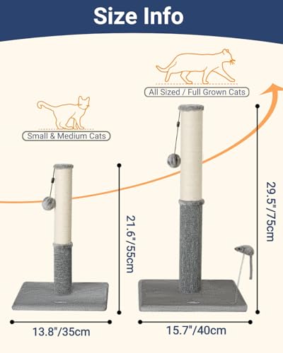 Happi N Pets Cat Scratching Post, Cat Scratcher for Indoor Cats, Sisal Scratching Post & Carpet Post in One, Stable Kitten Scratching Post with Replaceable Toy, Extra Free Toy, Light Gray