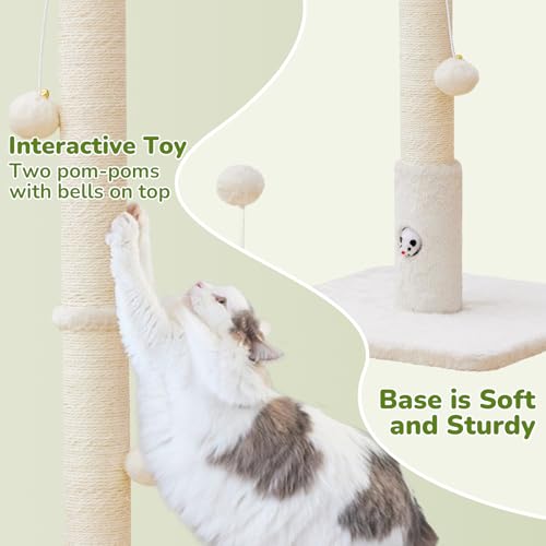 Cat Scratching Posts 33" for Adults Cats, Cat Scratcher with Soft Fabric Covering Base and Durable Sisal Rope, Scratcher with Fun Mouse Hole and Cat Toy for Tall Cats (White)