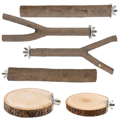 6 PCS Bird Perch Set, Natural Birch Wood Straight & Forked Perches with Platforms for Parakeets, Cockatiels, Conures, Lovebirds - Cage Accessories for Climbing & Exercise