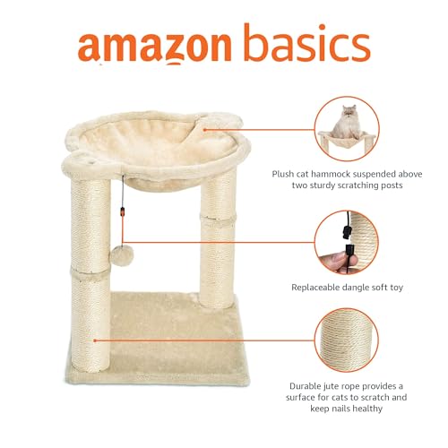 Basics Cat Condo Tower with Hammock Bed and Scratching Post,Easy to Assemble,Plush Hammock,Interactive Hanging Ball,Durable Sisal Scratch Posts for Indoor Cats, 15.8 x 15.8 x 19.7 Inches, Beige