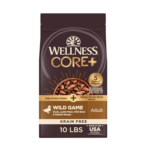 Wellness CORE+ Adult Dry Dog Food with Freeze Dried Pieces, Grain Free Kibble+, Natural, High Protein, Wild Game Duck, Lamb, Boar, and Rabbit Recipe, 10 lb Bag