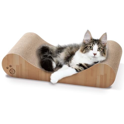 Necoichi Cardboard Cat Scratcher Bed for Indoor Cats - Cat Scratching Board, Horizontal Cat Scratch Pad Lounger with Reversible Usability and Extra Comfort for Lounge, Curved (18" Regular, Oak)