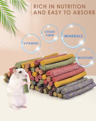 Bissap 72 PCS Rabbit Chew Sticks, Natural Timothy Hay Pumpkin Sugar Beet Carrot Strawberry Rose Dahlberg Daisy Forget-me-not Flower Treat for Bunny Chinchilla Guinea Pig Hamster Small Pet Molar Snack