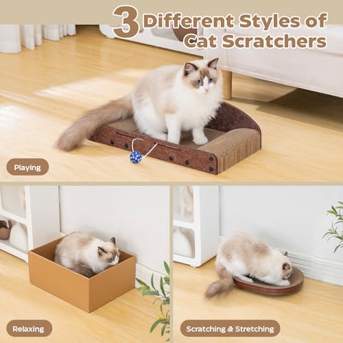 Avont Cat Scratcher Set, 3 Pcs Cardboard Cat Scratchers for Indoor Cats Durable Corrugated Cardboard Scratch Board Bed Lounge Box Toys for Kittens, Furniture Protector for Couch