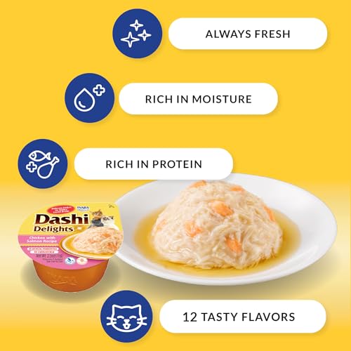 INABA Dashi Delights for Cats, Shredded Chicken Side Dish with Bonito Flake Broth, Cat Food Complement with Taurine & Green Tea Extract, 2.5 Ounce
