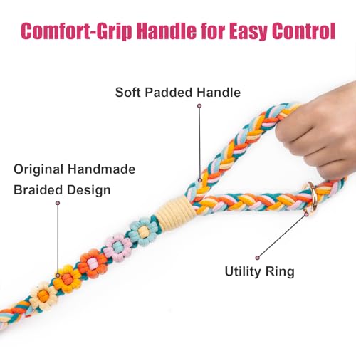 Handmade 5ft Braided Cotton Dog Leash with Unique Floral Handle, Durable and Stylish, Ideal for Small to Large Dogs,Rainbow Mix