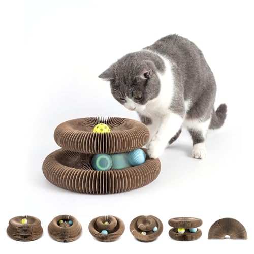 Magic Organ Cat Scratcher with Automatic Electric Ball, 2-in-1 Interactive Cardboard Scratching Board & Automatic Cat Toy Ball, Shape-Shifting Accordion Pad for Indoor Cats