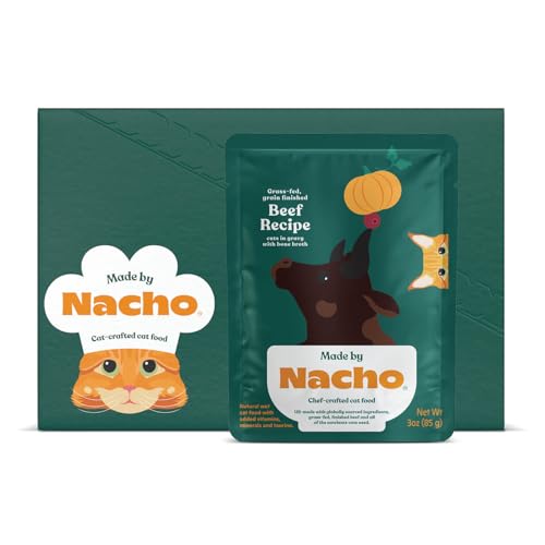 Made by Nacho Wet Cat Food, Cuts in Gravy, Limited Ingredients, Grass-Fed Grain Finished Beef Recipe with Bone Broth for Extra Hydration, (12) 3 oz. Pouches