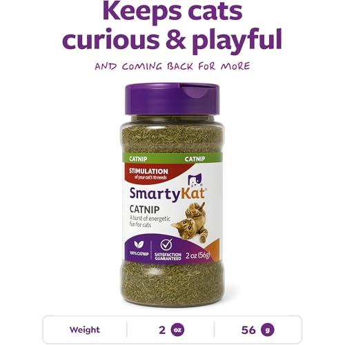 SmartyKat Natural Catnip Canister, 100% Natural Cat Nip for Cats, Premium Dried Catnip for Indoor Cats, Positive Training Aid for Play and Exercise, Resealable Shaker Bottle, 2 Ounces