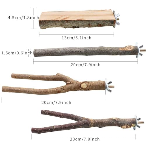 BILLIOTEAM 4 Pack Natural Wood Bird Perch Parrot Stand Branches Fork Toys,Pet Bird Cage Wooden Hanging Perch Platform Hammock Swing Toy for Small Parakeets,Budgies,Cockatiels,Conures,Finches