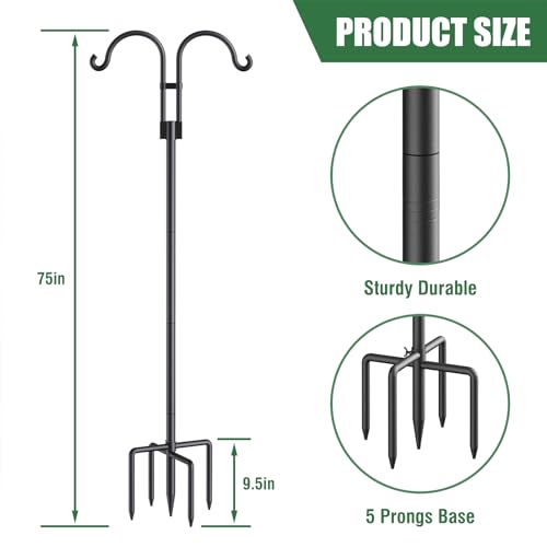 Relx Bird Feeder Pole - Adjustable Double Shepherds Hooks for Bird Feeder with 5 Prong Base - 76 Inch Heavy Duty Shepherds Hooks for Outdoor,Hanging Garden Plant,Solar Light Lanterns