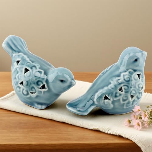 Pair of Blue Bird for Home Decor, Farmhouse Ceramic Bird Statue Sculpture Birds Ornaments, Small Decor for Shelves Entryway TV Stand Bookcase, Garden Micro Landscape Accessories