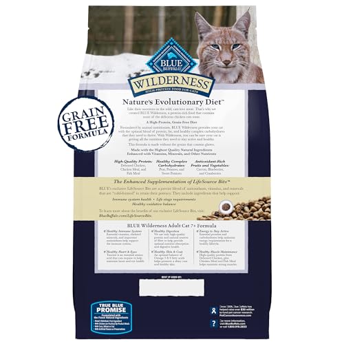 Blue Buffalo Wilderness Natural Mature Dry Cat Food for Cats 7+ Years, High-Protein and Grain-Free Diet, Supports Immune System Health and Energy to Stay Active, Chicken, 5-lb. Bag
