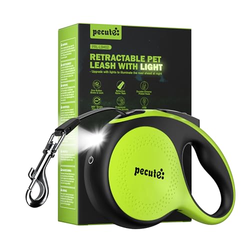 Retractable Dog Leash with Light, 16.4 ft Retractable Pet Leash with Anti-Slip Soft Grip, 360° Tangle-Free, One-Button Control, Reflective Leashes