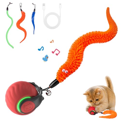 Geamen Interactive Cat Toys with Bird Sounds & 3 Speed Modes, Rechargeable Automatic Moving Cat Toy with 3 Tails, Fast Charging Smart Rolling Ball