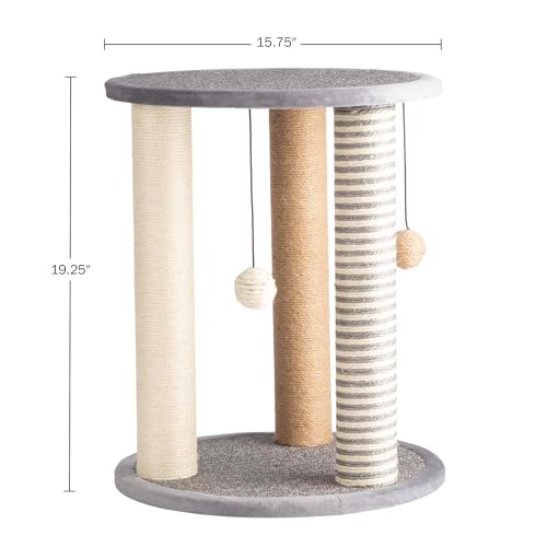Cat Scratching Post - 3 Scratcher Posts with Carpeted Scratch Pad Base and Perch - Furniture Scratching Deterrent for Indoor Cats by PETMAKER (Gray)