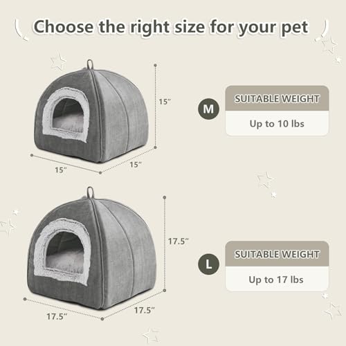 Cat Bed Cave-Cat Beds for Indoor Cats,Kittens and Small Pets,Soft and Warm Cats House Tent Bed,Foldable and Washable with Removable Cushioned and Anti Slip Bottom,Grey 15inches