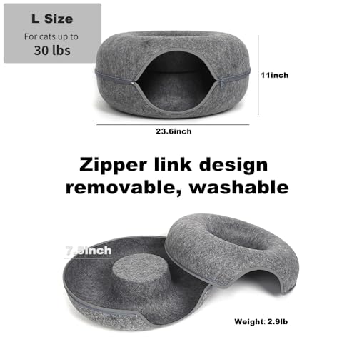 Large Cat Tunnel Bed for Indoor Cats with 3 Toys, Scratch Resistant Donut Cat Bed, Up to 30 Lbs (L 24x24x11, Dark Grey)