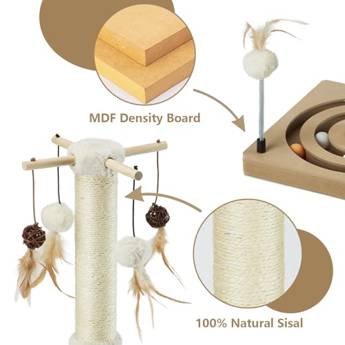 PEEKAB Cat Scratching Post Sisal Scratch Posts for Indoor Cats and Kittens,with Tracking Ball Interactive Toys and Hanging Balls 25 Inches Beige