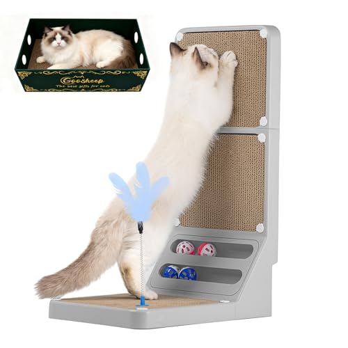Cat Scratching Post Cat Scratching Board,2-in1 L Shaped Cats Cardboard Scratcher with Box, Kitten Scratcher Ball Wall Scratchers Pad for Indoor Cats Grey