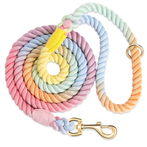 Dog Leash 5 FT Handmade Braided Cotton Rope Leashes for Small Medium and Large Dogs, New Golden Heavy Duty Metal Clasp, Colorful Macaron