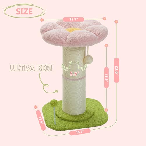 PEQULTI Flower Cat Scratching Post, Small Cat Tree, Scratcher for Indoor Cats with Super Thick Scratching Post [Dia=5.5''], Removable Flower Bed, Cat Scratch Post with Spring Ball, Pink