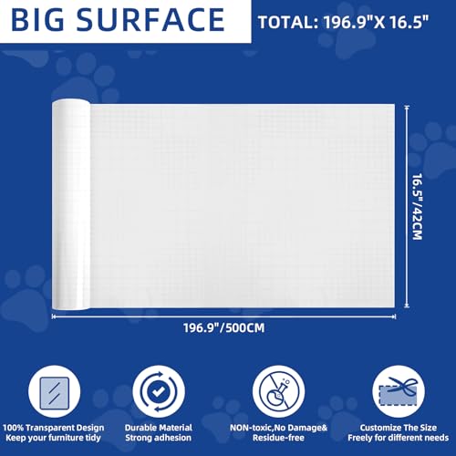 TOOSOFt Anti Cat Scratch Furniture Protector Clear Thicken Vinyl 196.9"x16.5" Couch Protector from Cat Claws - Single Sided Sticky Flexible Dog Tape for Furniture, for Couch Corner Door Walls Bed