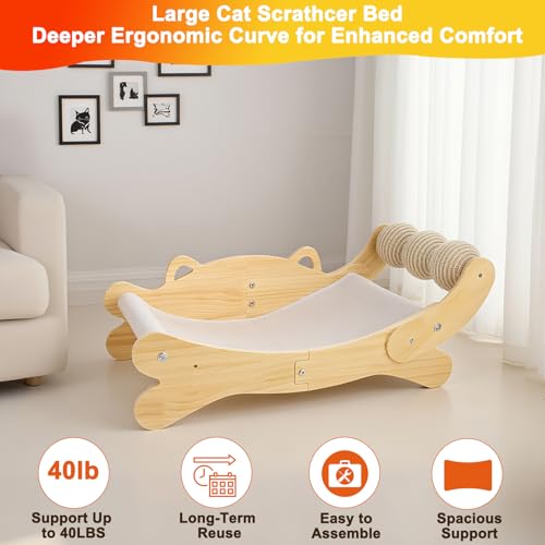 3-in-1 Cat Scratcher Bed for Indoor Cats Sisal Scratcher & Hammock Lounge with Solid Wooden Perch, No-Tip Stable Base for Large Cats ，Durable Cat Scratch Pad & Cat Furniture (Easy Assembly)