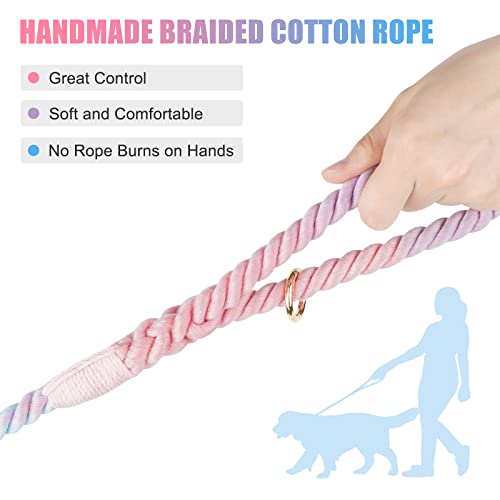 Dog Leash 5 FT Handmade Braided Cotton Rope Leashes for Small Medium and Large Dogs, New Golden Heavy Duty Metal Clasp, Colorful Macaron