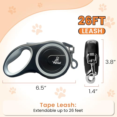 Retractable Dog Leash – Extendable up to 26 FT, Heavy Duty Nylon Tape, No-Tangle, One-Handed Brake & Lock, for Small to X-Large Dogs up to 110 lbs