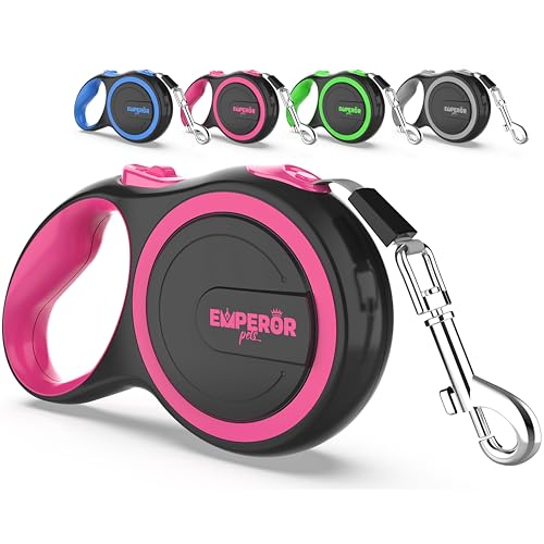 Emperor Pets Pink Heavy Duty Retractable Dog Leash 26 ft – Tangle-Free Nylon Tape, Anti-Slip Grip, Reflective – Retractable Leash for Medium Large