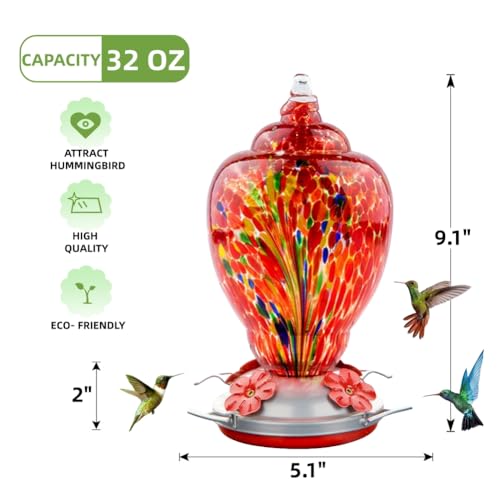 WOSIBO Hummingbird Feeder for Outdoors Patio Large 32 Ounces Colorful Hand Blown Glass Hummingbird Feeder with Ant Moat Hanging Hook, Rope, Brush and Service Card (RED-Firework)