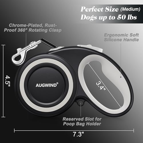 Retractable Dog Leash with Stainless Steel Anti-Chew Cable for Small & Medium Dogs up to 50 lbs | 16 ft Strong Nylon Reflective Tape | Quick Lock