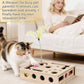 Cat Toys for Indoor Cats - Interactive Box Puzzle Toy Nail File Scratcher Hunting Play Toy with 3 Jingle Balls & 1 Feather Wand, Wooden Puzzle Treat Toy Box Energize Cat Instincts for Bored Cats