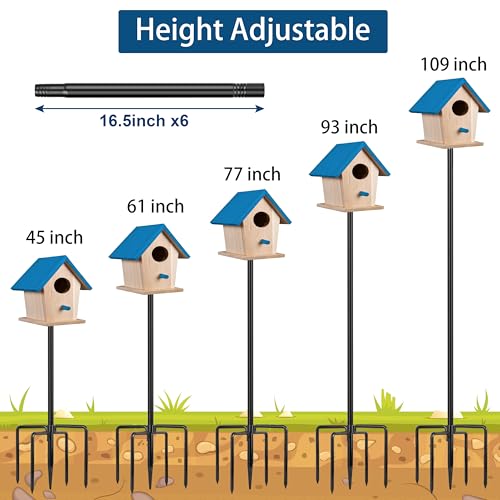 Ottsuls Bird Feeder Pole, 109 Inch Heavy Duty Bird House Pole Kit for Outdoors, with 5-Prong Base Feeding Station for Wild Birds Watching, Adjustable Feeder Stand (House Not Included)