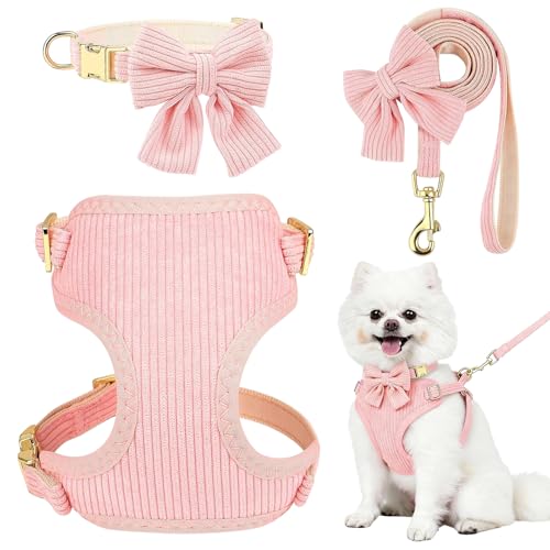 Small Dog Collar Harness and Leash Set, Dog Harness no Pull with Bowtie, Breathable Cotton Adjustable Pet Puppy Harness, Easy Walk Dog Harness