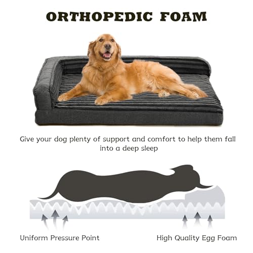 WINDRACING Orthopedic Dog Beds for Large Dogs, XLarge Waterproof Dog Bed with L Bolster Sides, Washable Big Pet Bed with Removable Cover & Non-Slip Bottom, 40 x 28 inch, Gray