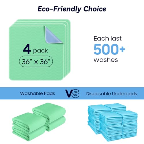 4 Pack 36” x 36” Extra Heavy Absorbency Washable Underpads, Waterproof Quick Drying Nursing Incontinence Reusable Washable Bed Pee Pads for Dogs, Diaper Changing & Adults, Green